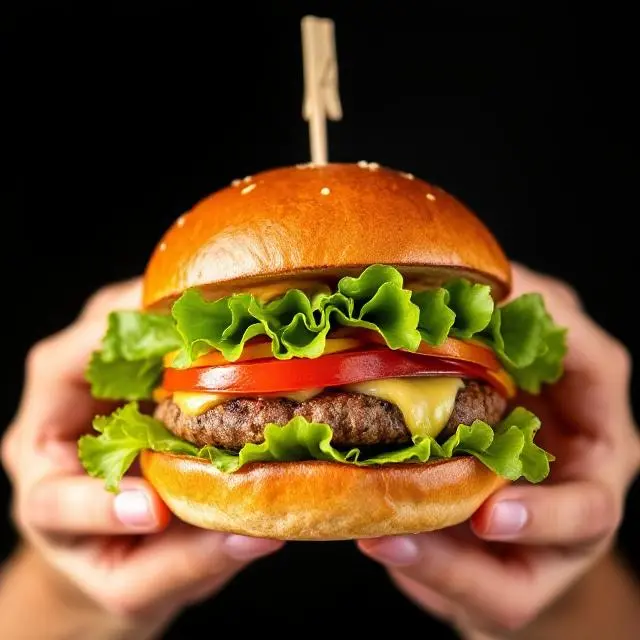 A beautifully crafted gourmet burger held in two hands.